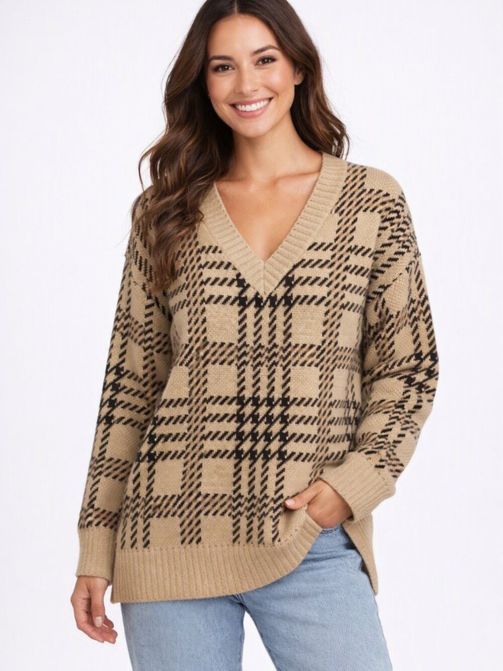 THARI Plaid V‑Neck Sweater Beige Tan Check Knit Cozy Fall Layer XL